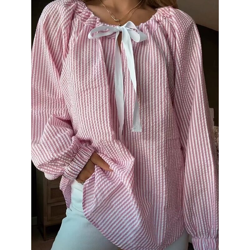 Women's Shirt Blouse Striped Basic Casual Long Sleeve Crew Neck Regular Tops Daily Print Pink Khaki Light Blue Spring &  Fall