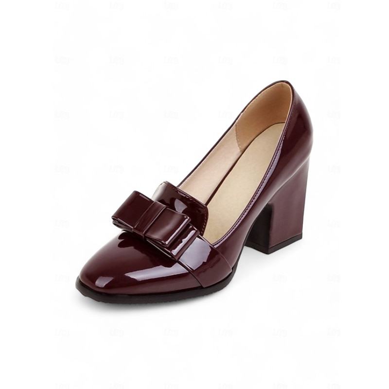 Women's Patent Leather Chunky Heel Pumps with Bow Accent – Elegant and Versatile Office Shoes2