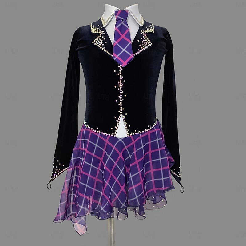 Figure Skating Dress Women's Girls' Ice Skating Dress Dark Blue Patchwork Thumbhole Mesh Spandex Stretchy Training Practice Professional Skating Wear Thermal Warm Classic Crystal / Rhinestone Long