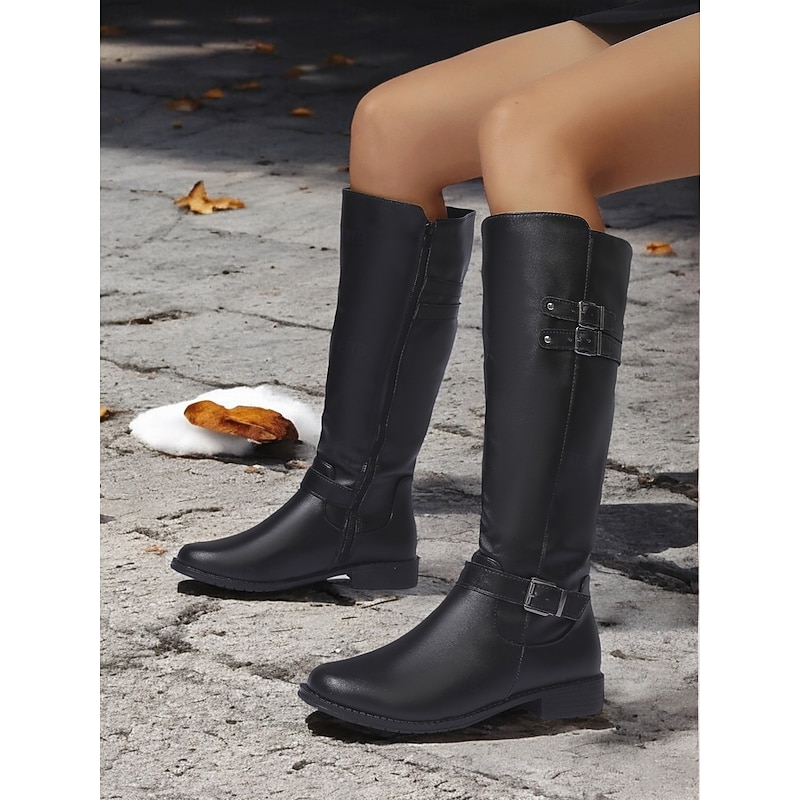 Women's Black Knee-High Riding Boots with Buckle Straps and Low Heel – Classic Equestrian Style Boots for Everyday and Outdoor Wear2