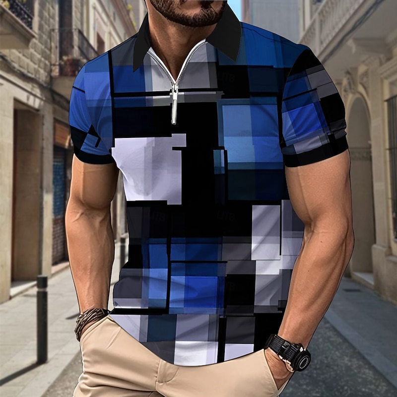 Men's Plaid Polo Shirts Zip Polo Short Sleeve Polo Shirts Collar Casual Formal Vacation Dailywear 3D Print Summer Spring Black Yellow Red