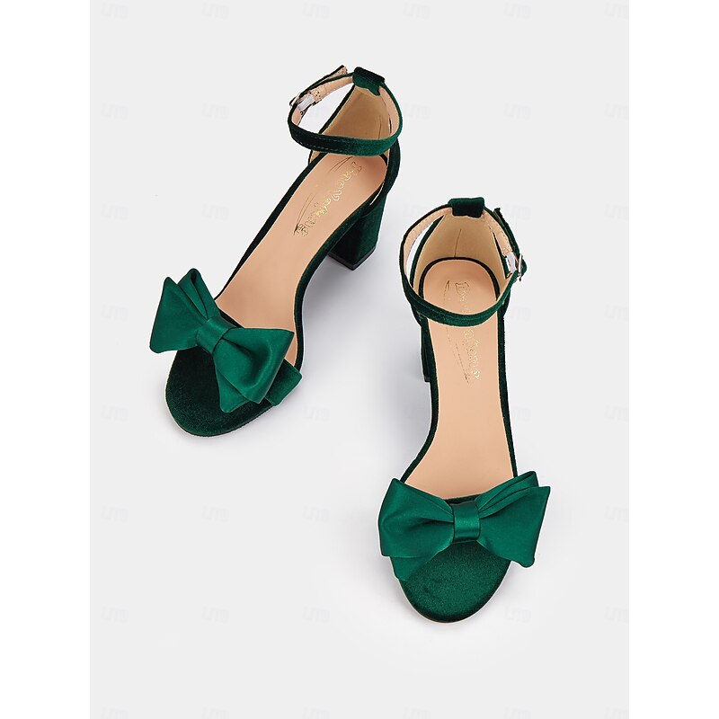 Women's Green Velvet Block Heel Sandals with Satin Bow and Ankle Strap – Perfect for Wedding, Parties or Formal Events