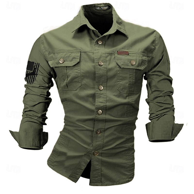 Men's Reindeer American US Flag Work Shirt Western Shirt Cargo Shirt Long Sleeve Casual Tactical Sports & Outdoor Going out Hunting Spring Fall Turndown Print Black White Army Green Red Blue