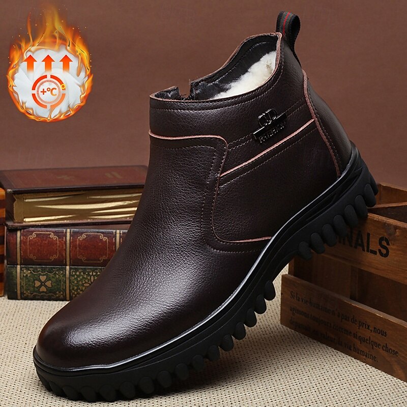 Men's Warm Leather Chelsea Boots with Fur Lining and Zipper - Casual and Cozy Perfect for Winter