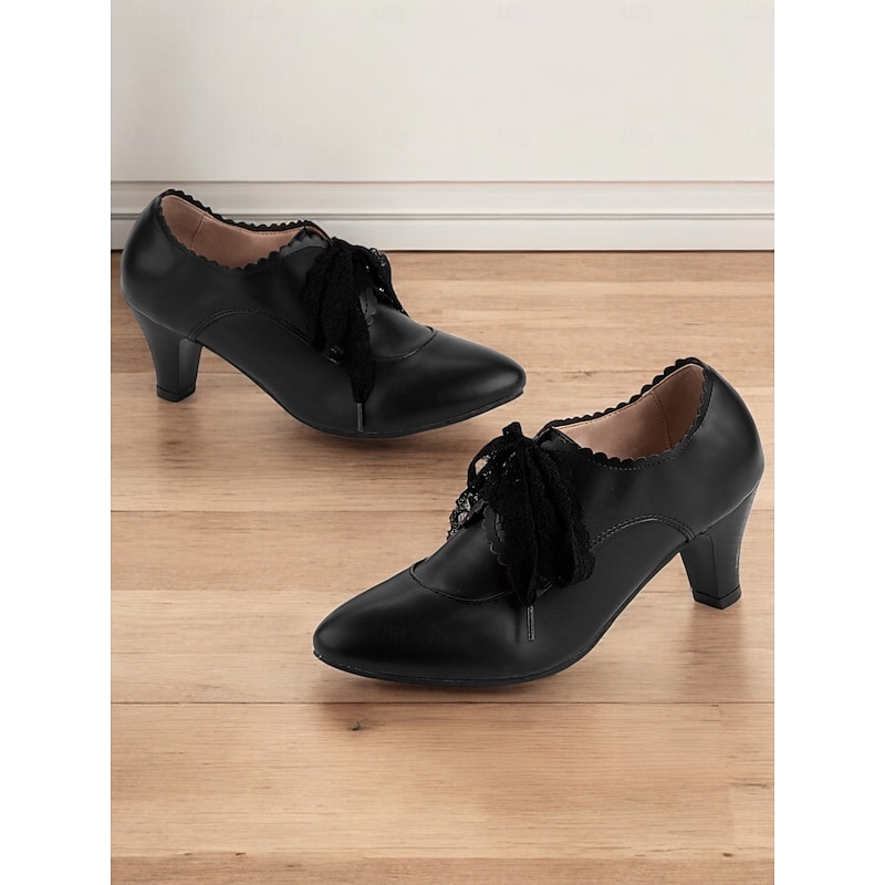Women's Vintage Gatsby Black Lace-Up Scalloped Low Heels-Retro Oxford Style for Work, Office, or Everyday Wear4