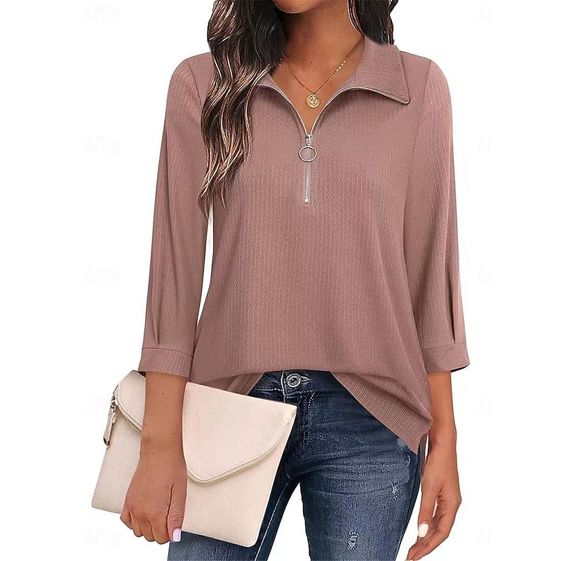 Women's Polo Shirts Solid Color Basic Casual 3/4 Length Sleeve V Neck Regular Tops Daily Patchwork Zipper Black Pink Spring &  Fall
