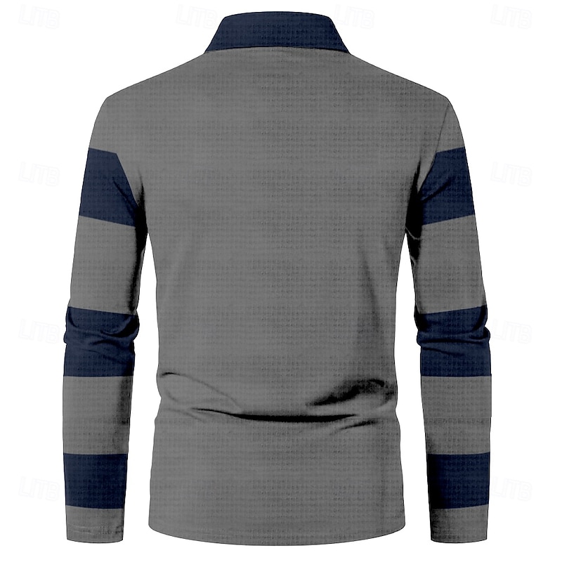Men's Striped Waffle Polo Shirts Golf Shirt Long Sleeve Polo Shirts Collared Shirts Casual Business Casual Home Office Dailywear Buttons 3D Print Spring Fall Winter Black And White Blue Gray4