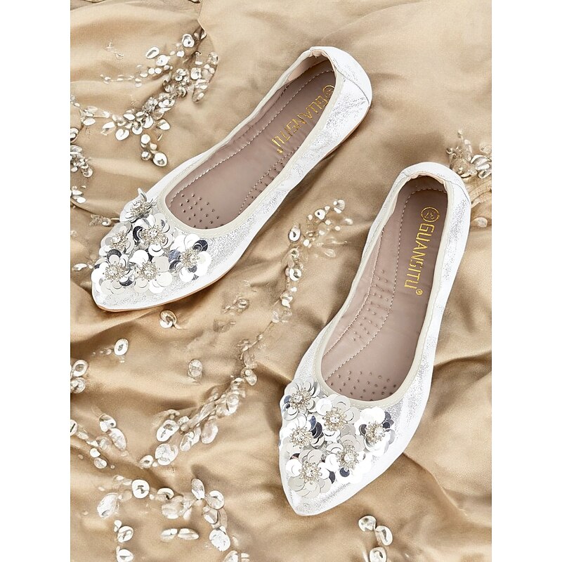 Women's Floral Embellished Foldable Flats – Comfortable Sequin Decor Ballet Shoes for Wedding and Special Events2
