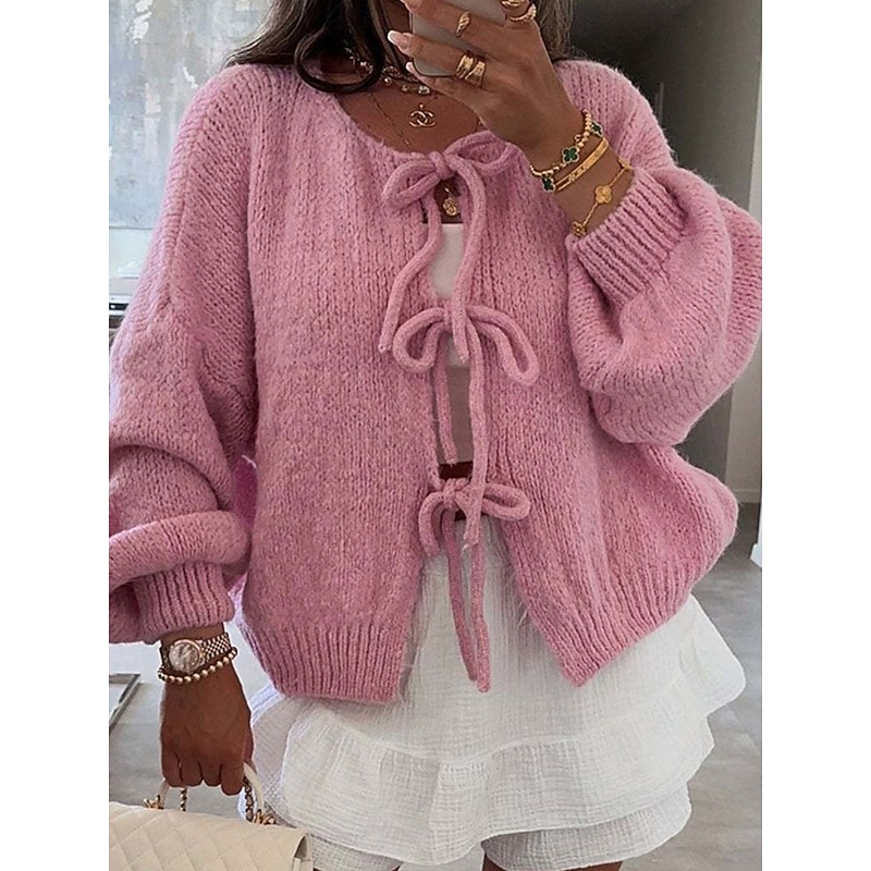 Women's Sweater Cardigan Casual Soft Pure Color Ribbed Crew Neck Knitted Long Sleeve Regular Tops Knit Outdoor Daily Weekend Pink Beige Fall Winter3