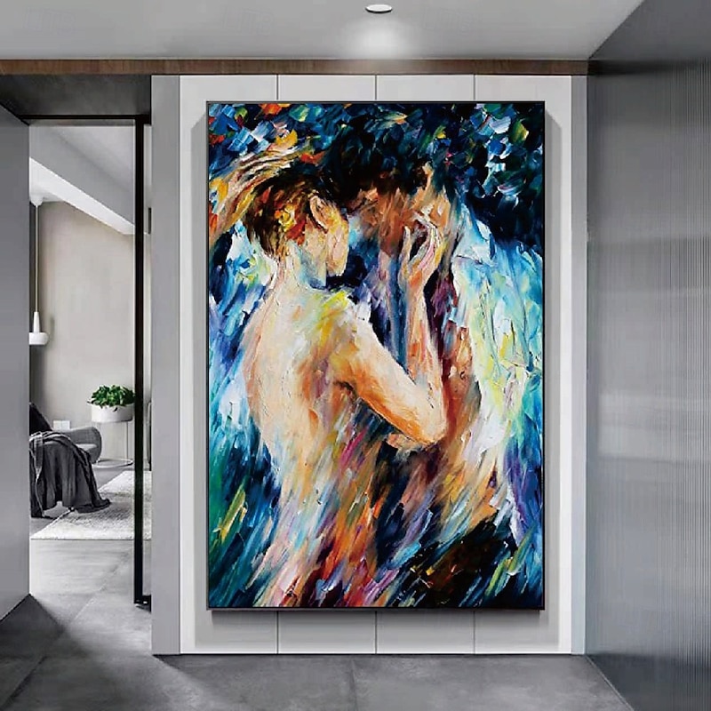 Couple lovers Oil painting handmade Hugging Couple lovers oil painting - Hand Painted Impressionist Paris Lovers Oil Painting On Canvas Palette Knife Art oil paintings christmas gift for living room3