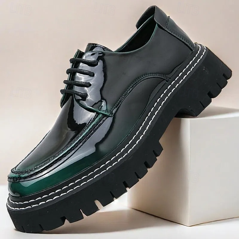 Men's Patent Faux Leather Platform Oxford Shoes with Chunky Lug Sole - Stylish Formal and Casual Footwear for Office, Events, and Parties