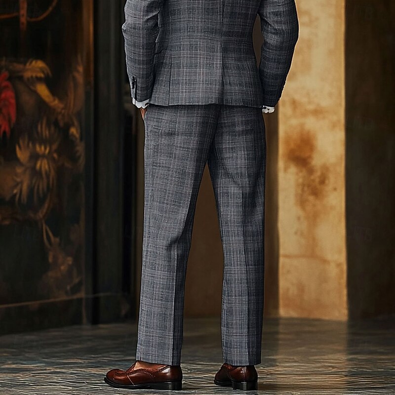 Men's Plaid Geometric Pattern Dress Pants Mid Waist Business Casual Formal Wedding Dailywear Zipper Pocket Straight Leg Trousers Summer Spring Fall 3D Print Gray2