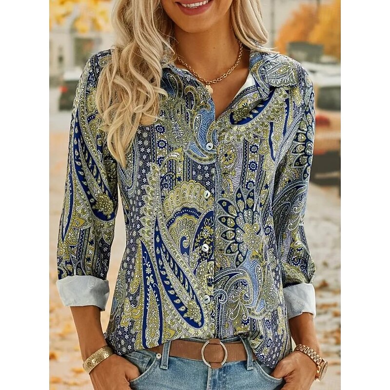 Women's Shirt Button Down Tunic Shirt Collar Long Sleeve Graphic Casual Regular Tops Work Daily s Print Green Spring Fall Winter2