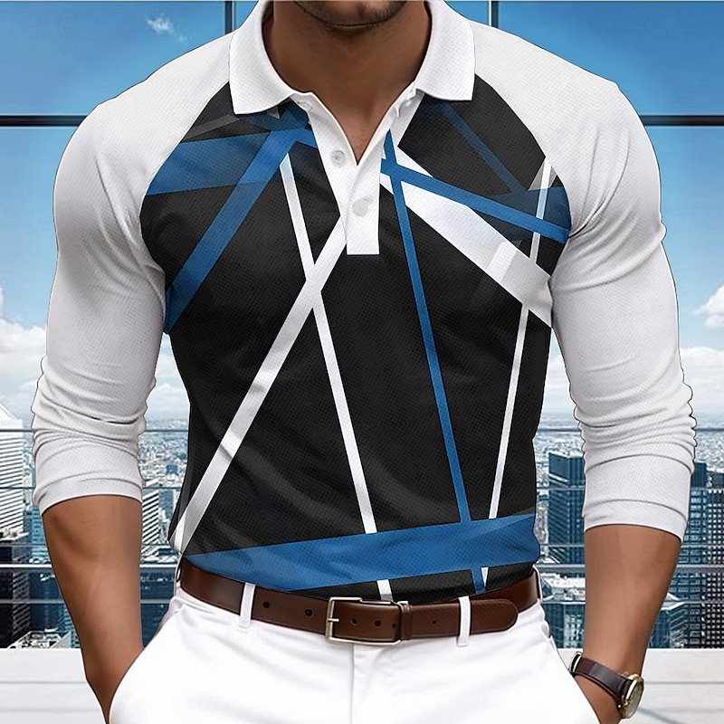 Men's Line Polo Shirts Golf Shirt Long Sleeve Polo Shirts Collared Shirts Business Casual Office Dailywear Outdoor clothing Buttons 3D Print Spring & Summer Black Red Blue2