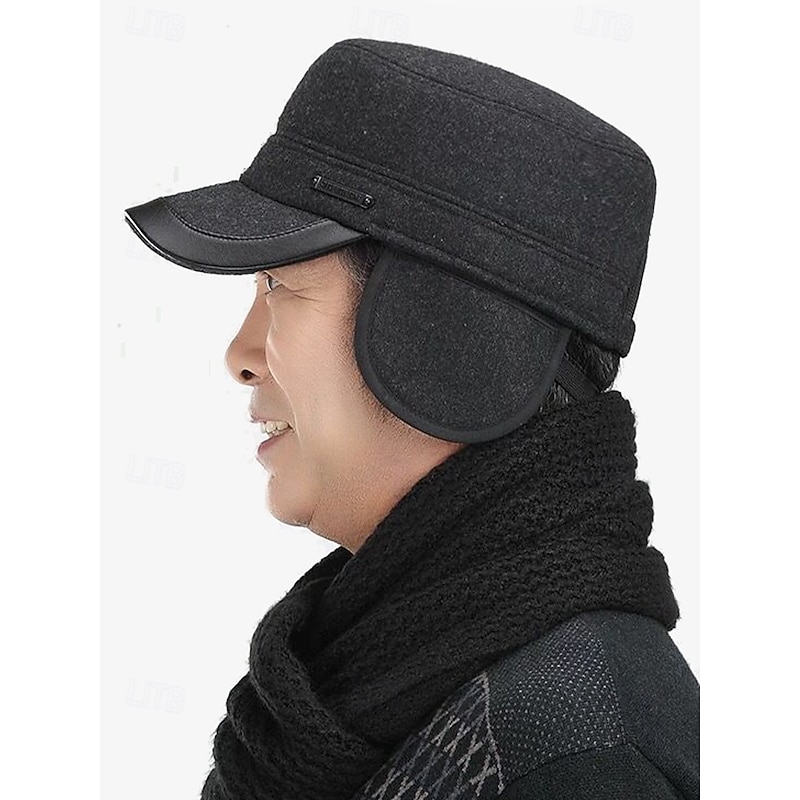 Men's Winter Earflap Cap – Black Faux Wool Blend Hat with Faux Leather Brim, Warm and Windproof Design2