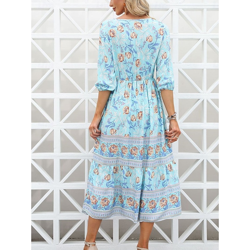 Women's Midi Dress Casual Dress Swing Dress A Line Dress Boho Dress Casual Daily Regular Fit Floral 3/4 Length Sleeve V Neck Pink Blue Apricot Summer Spring Fall2