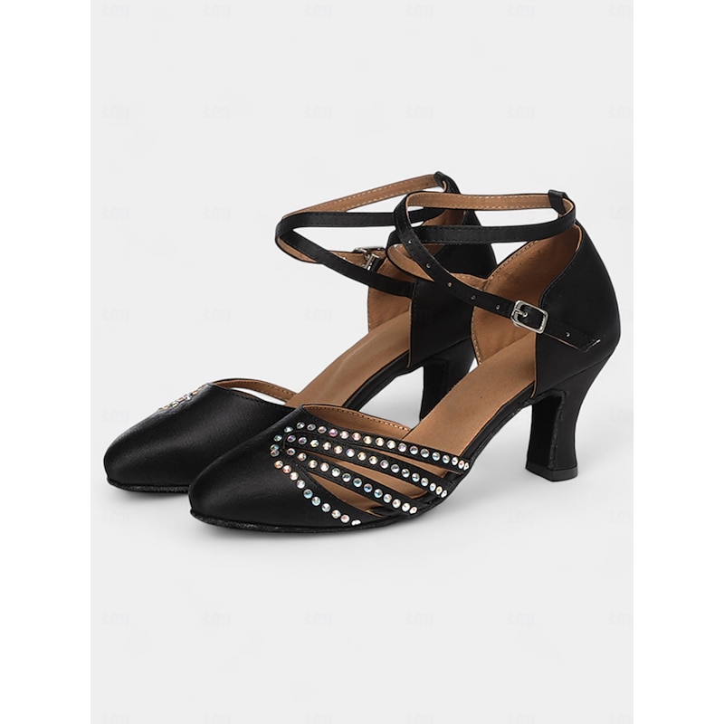 Women's Black Satin Dance Shoes with Rhinestone Straps, Soft Suede Sole and Mid-Heels – Perfect for Latin, Salsa, and Ballroom Dancing4