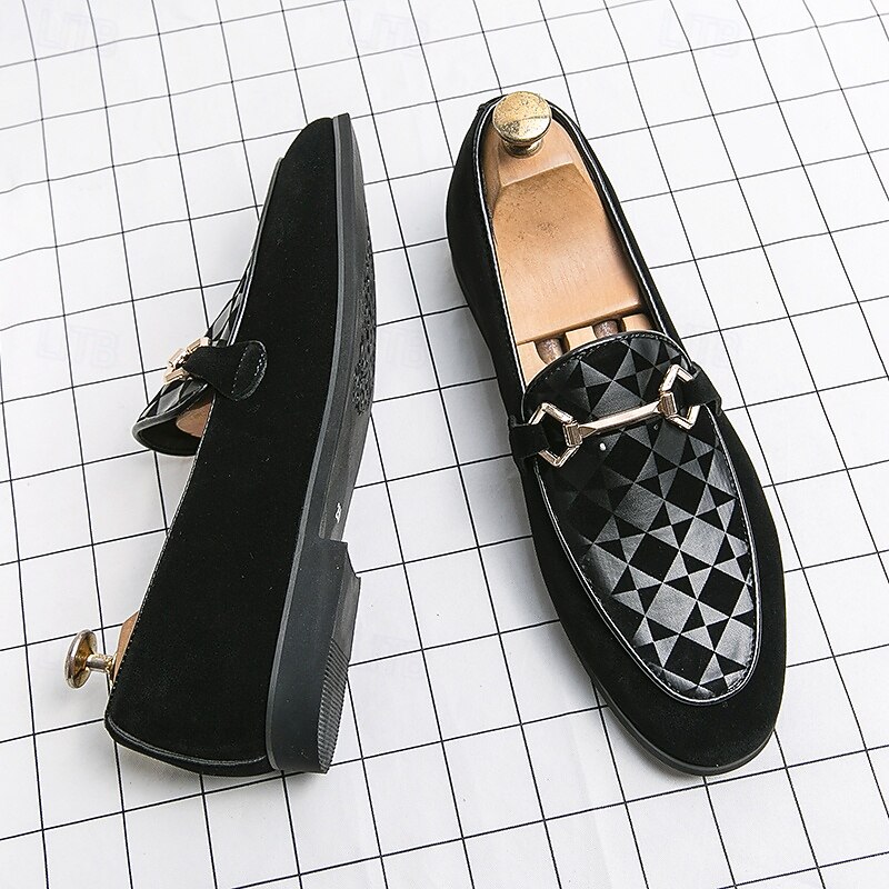 Men's Black Faux Suede Loafers with Geometric Pattern and Metal Buckle – Stylish Slip-On Dress Shoes for Formal Events and Parties2