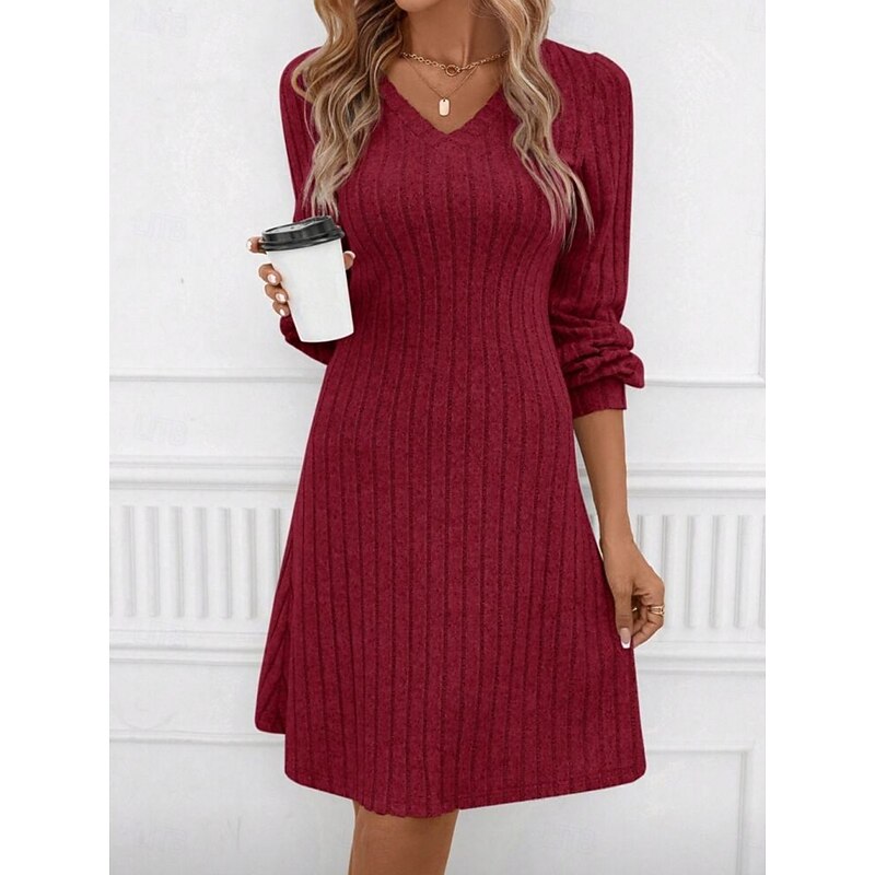 Women's Sweater Dress Mini Dress Patchwork Casual V Neck Long Sleeve Black Wine Color3