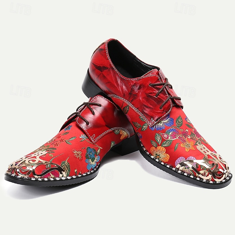 Men's Red Floral Lace-Up Oxford Shoes – Premium Cowhide Leather with Metal Toe Cap, Stylish Design for Weddings, Parties, and Special Occasions4