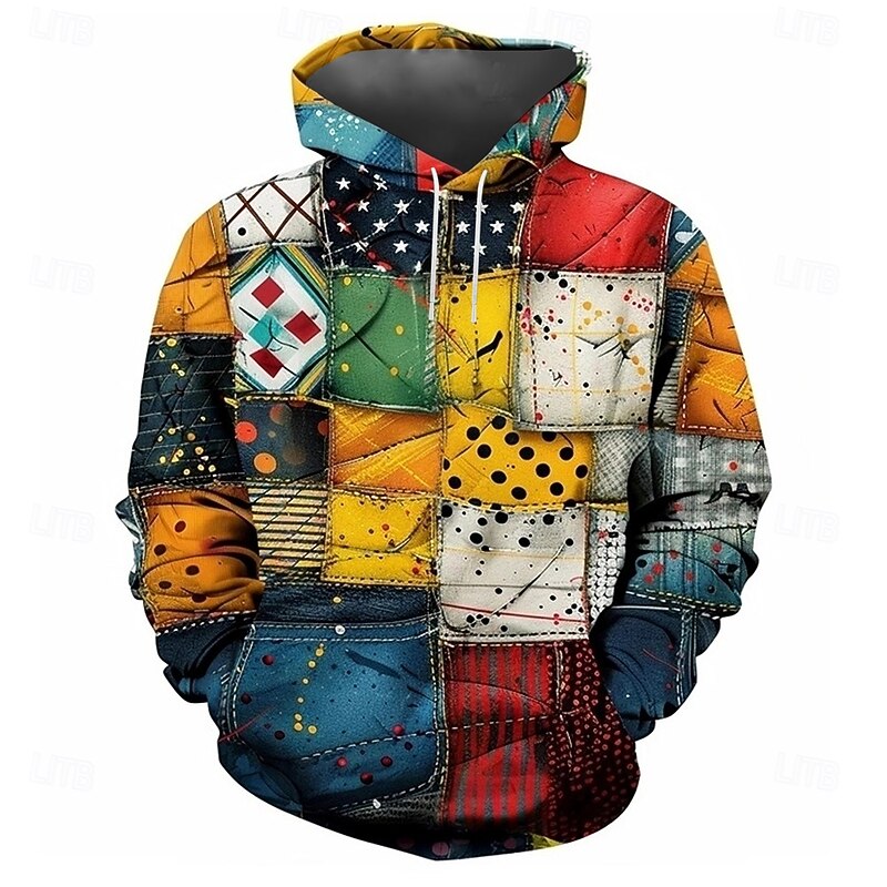 Men's Patchwork Hoodies Sweatshirt Fashion Cool Long Sleeve Crew Neck Party Holiday Streetwear Rainbow Drawstring Fall Winter Designer