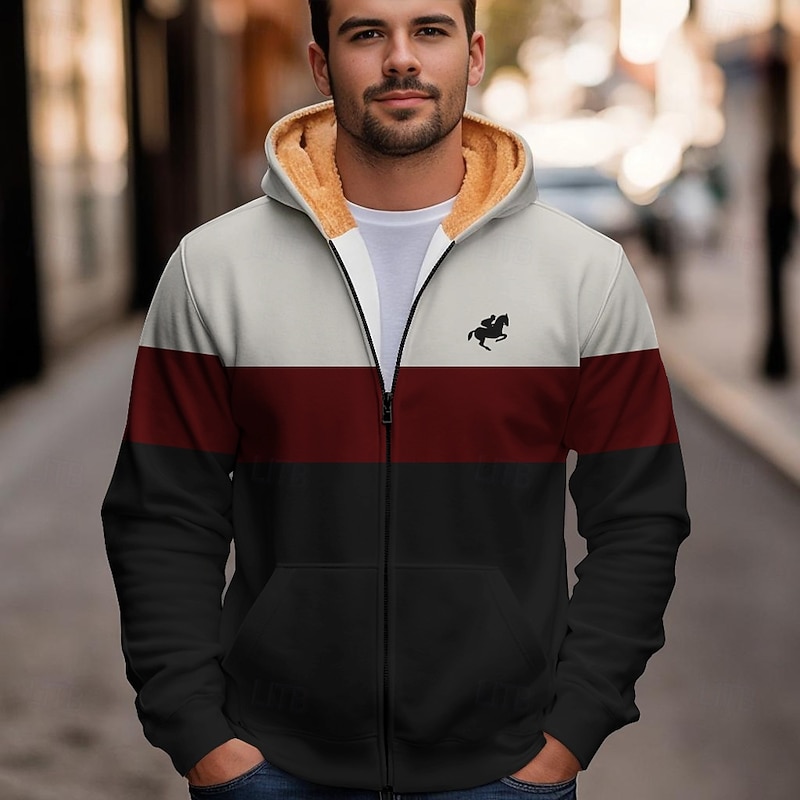 Men's Color Block Fleece Hoodies Fashion Ethnic Long Sleeve Hooded Party Streetwear Red Blue Drawstring Fall Winter Designer4