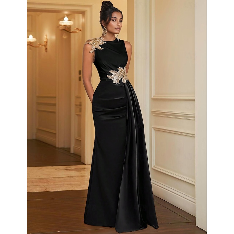 Sheath Evening Gown Elegant Dress Formal Floor Length Sleeveless Jewel Neck Pocket Satin with Embroidery3