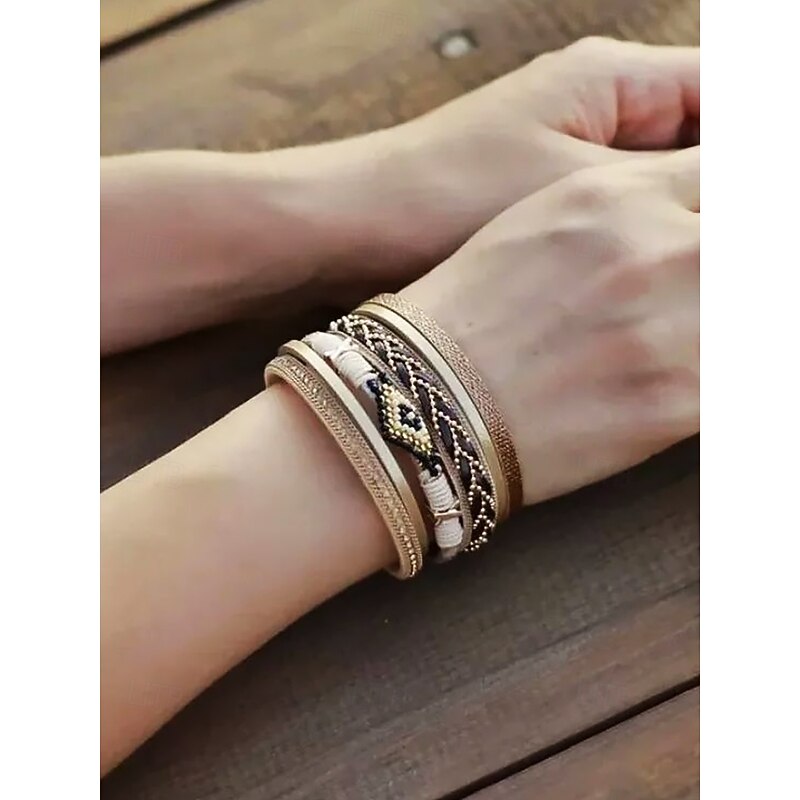 Boho Beaded Multilayer Leather Bracelet – Women's Trendy Wrap Bracelet with Magnetic Clasp for Casual and Bohemian Styles2