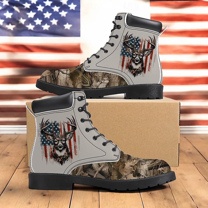 Men's Hunting Boots with Patriotic Deer Print – Durable Camouflage Lace-Up Outdoor Footwear4