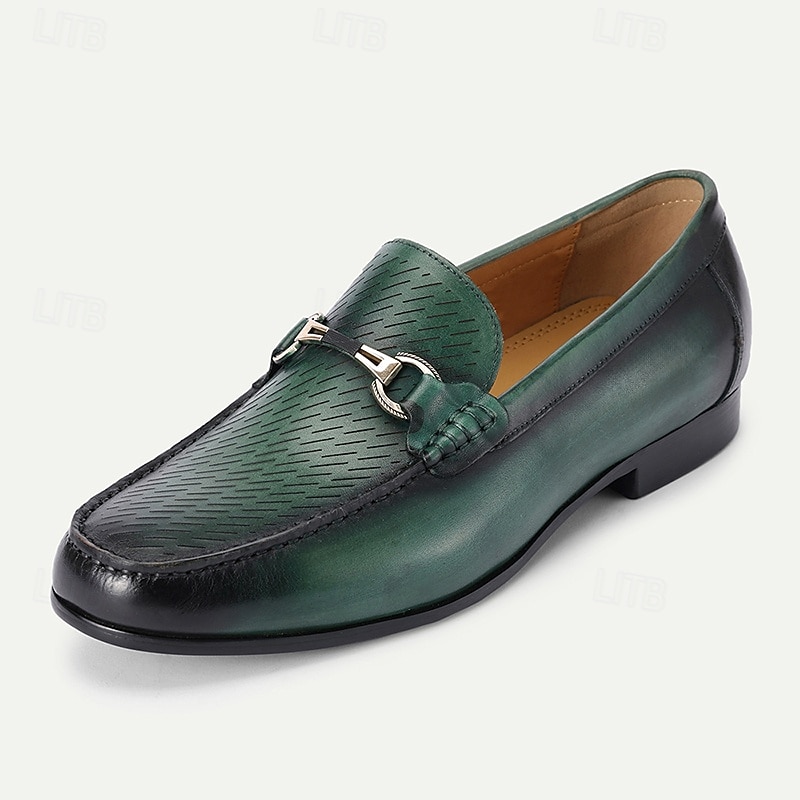 Men's Green Premium Cowhide Leather Loafers - Slip-On Dress Shoes with Metal Buckle Detail for Formal and Business Wear2