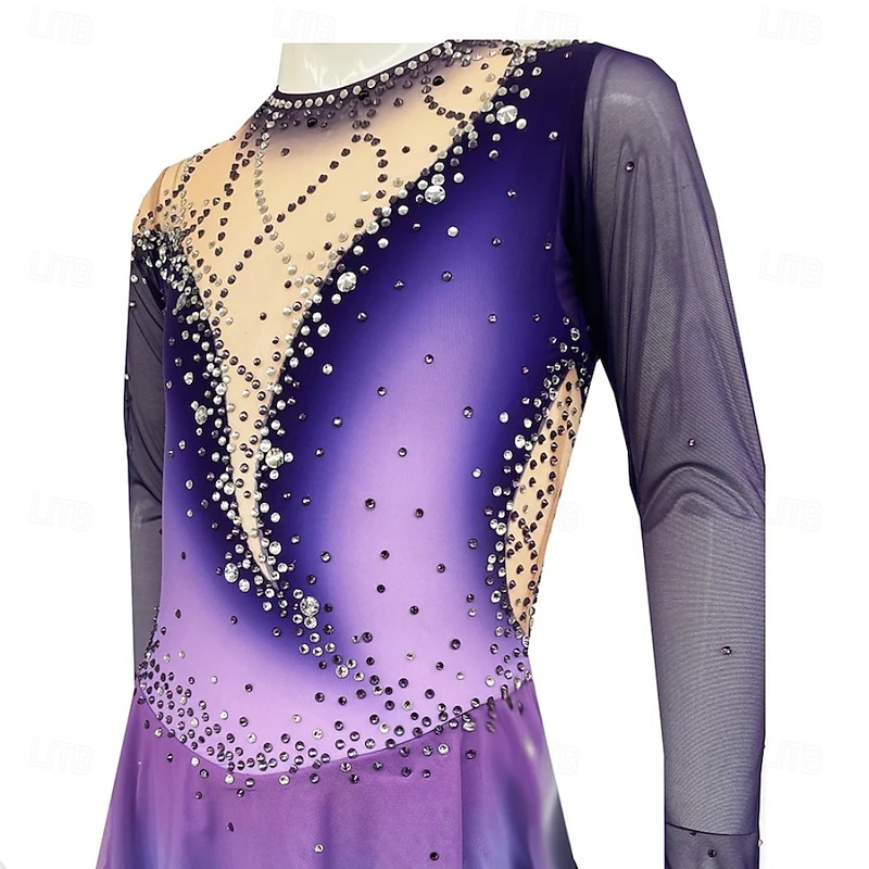 Figure Skating Dress Women's Girls' Ice Skating Dress  Purple High Elasticity Training Competition Skating Wear Classic Crystal / Rhinestone Long Sleeve Ice Skating Figure Skating3