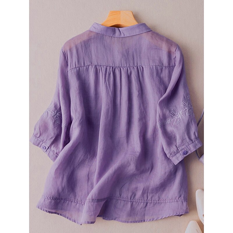Women's Shirt Linen-Inspired Shirts Button Up Solid Color Floral Casual Boho 3/4 Length Sleeve Elbow Sleeve Shirt Collar Regular Tops Daily Going out Embroidered Yellow Blue Purple Khaki Summer2