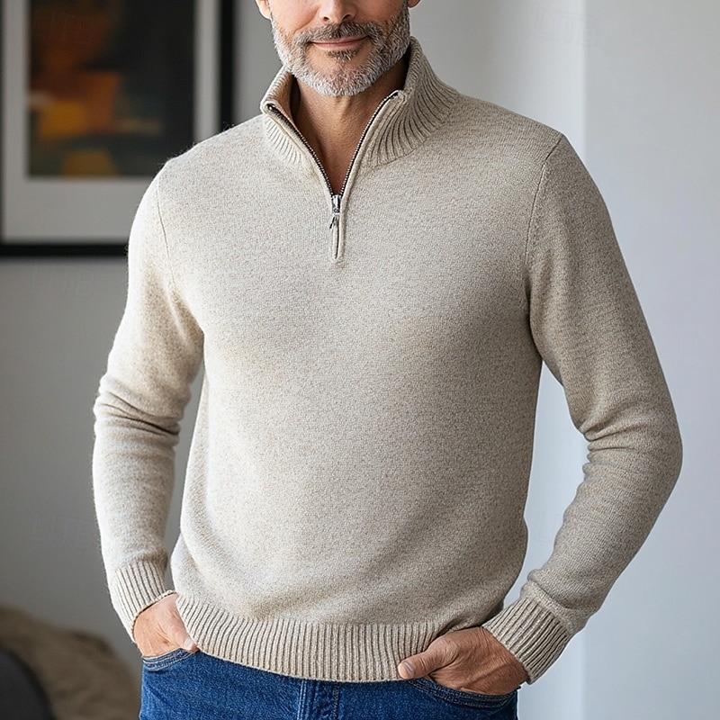 Men's Sweater Dress Sweater Pullover Sweater Jumper Ribbed Knit Cropped Zipper Knitted Solid Color Stand Collar Stylish Basic Outdoor Daily Clothing Apparel Fall Winter Camel Black S M L