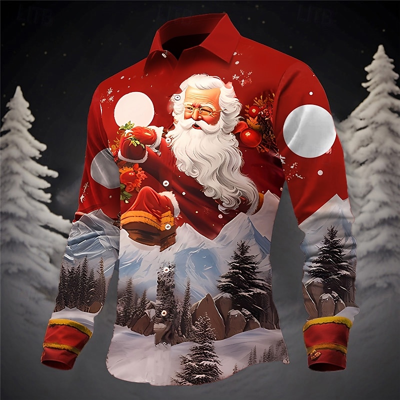 Men's Santa Claus Shirt Summer Hawaiian Shirt Long Sleeve Shirt Turndown Casual Christmas Outdoor Street Red Blue Sky Blue S M L