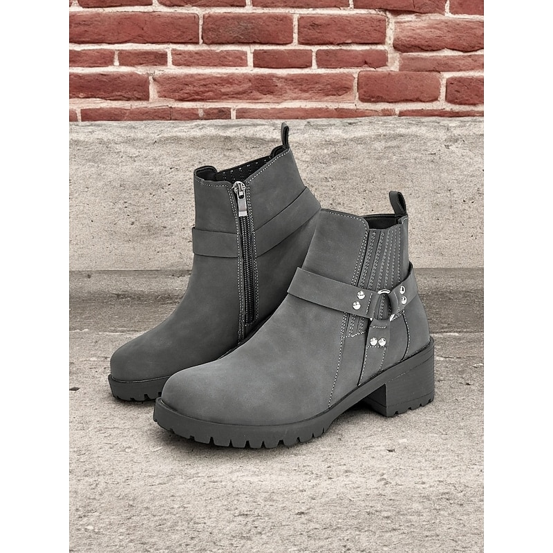 Women's Grey Ankle Boots – Stylish Block Heel with Strap Details, Side Zip, and Rugged Sole for Casual and Outdoor Wear