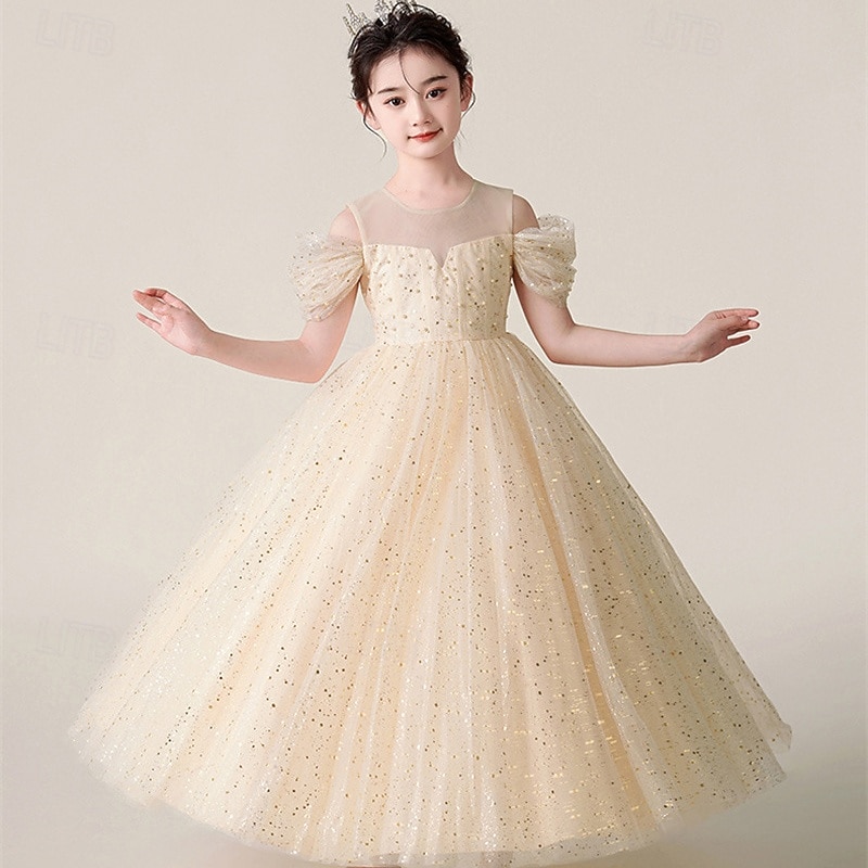 Flower Girl Dress Kid's Girls' Princess Dress Performance Wedding Party Elegant Beautiful Sequins Mesh Solid Color Sleeveless Crew Neck Wine Red Champagne 4 years+4