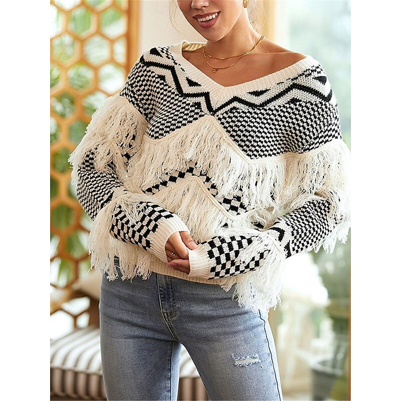 Women's Sweater Casual Soft Pure Color Ribbed V Neck Patchwork Tassel Knitted Long Sleeve Regular Tops Knit Outdoor Daily Weekend Apricot Fall Winter4