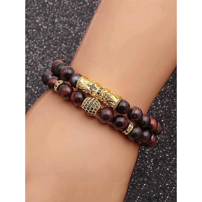 Men's Beaded Bracelet Set – Red Tiger Eye Stones with Gold-Plated Accents and Black Crystal Inlays for a Stylish Look