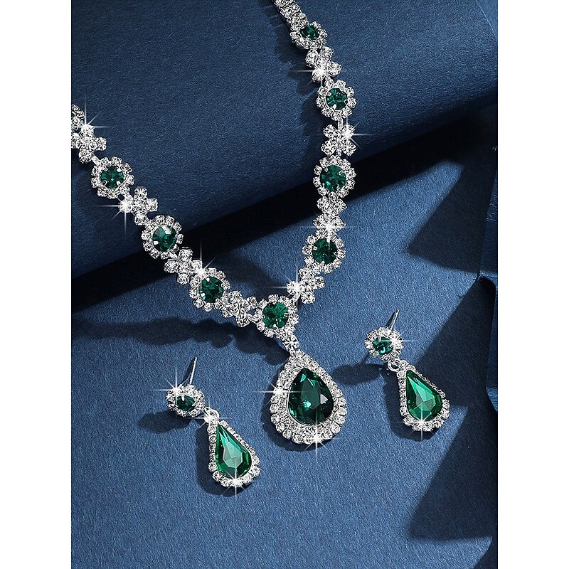 Green Teardrop Crystal Jewelry Set - Necklace and Earrings with Rhinestone Accents for Women, Perfect for Weddings and Formal Events2