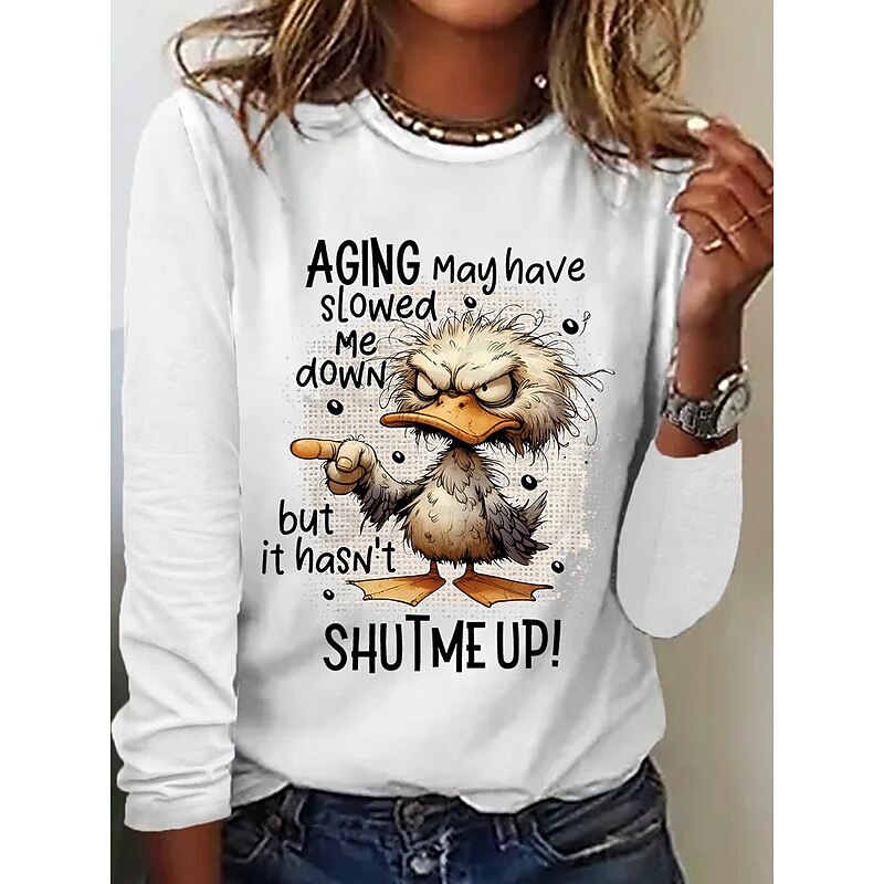 Women's T shirt Long Sleeve Animal Letter Casual Long Sleeve Round Neck Regular Tops Daily Weekend Print Black White Gray Fall Winter Prefall