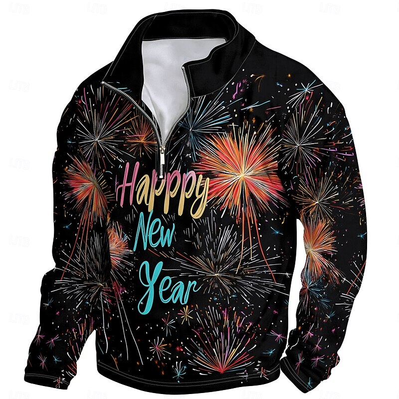 New Year Men's Graphic Happy New Year Hoodies Daily Casual Long Sleeve Stand Collar Vacation Going out Streetwear Black Print Winter Spring &  Fall Designer3