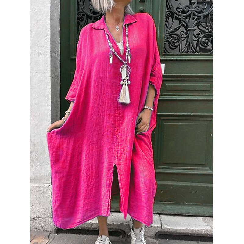 Women's White Rose Red Gray Spring Fall Maxi Dress Linen-Inspired Dresses Elegant Fashion Holiday Date Loose Fit Shirt Collar