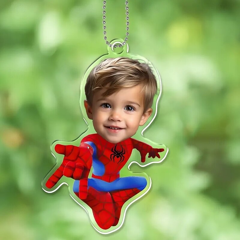 Personalized Photo Hanging Ornaments Custom Spider Superhero Kid Face Acrylic 2D Christmas Tree Ornaments Hanging Car Pendant Gifts for Superhero Fans4