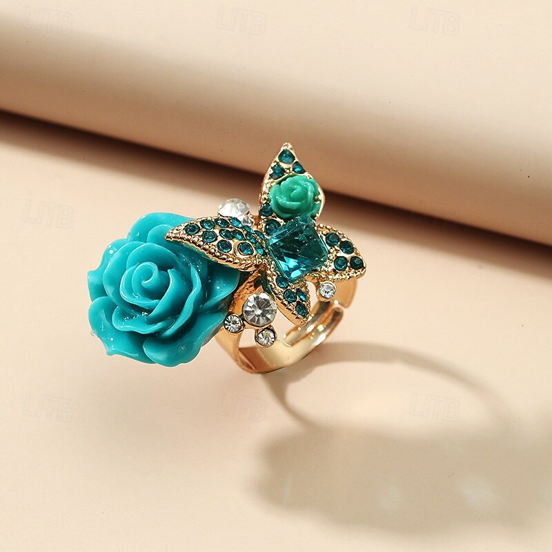 Women's Boho Chic Vintage-Inspired 3D Rose and Butterfly Cocktail Ring - Perfect for Parties and Everyday Wear4