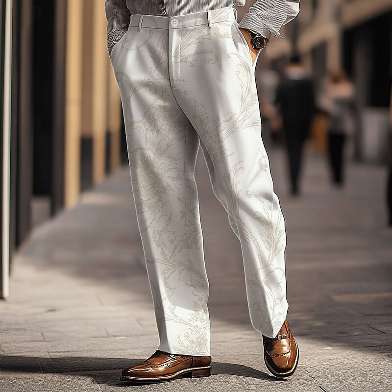 Men's Floral Dress Pants Mid Waist Fashion Casual Outdoor Home Dailywear Zipper Pocket Straight Leg Trousers Summer Spring Fall 3D Print White