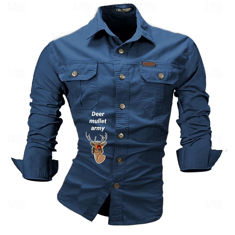 Men's Letter Printed Deer Work Shirt Western Shirt Cargo Shirt Long Sleeve Western Casual Sports & Outdoor Going out Hunting Spring Fall Turndown Print Black White Army Green Red Blue2