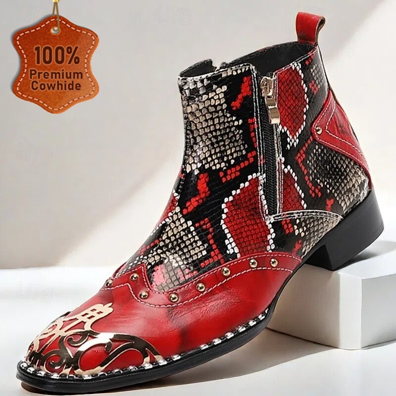 Men's Red & Black Snakeskin Leather Ankle Boots with Metallic Toe Cap and Side Zipper – Premium Cowhide Statement Footwear with Stud Accents