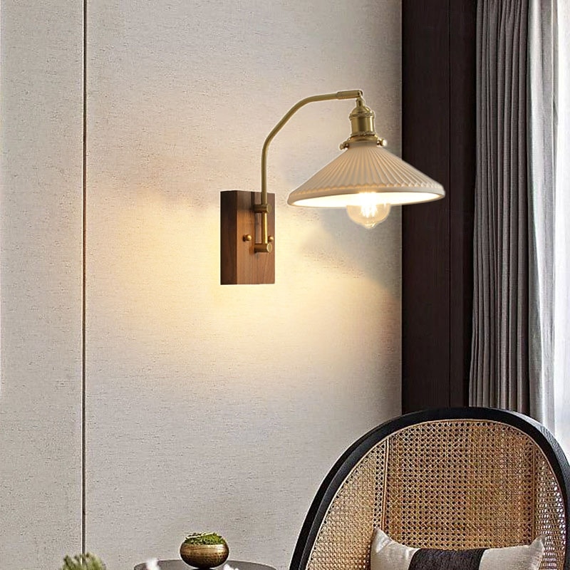 Vintage Wall Light Walnut Wall Mount Single Light White Ceramic Reading Light Wall Mount Copper Headboard Lamp E27 85-265V