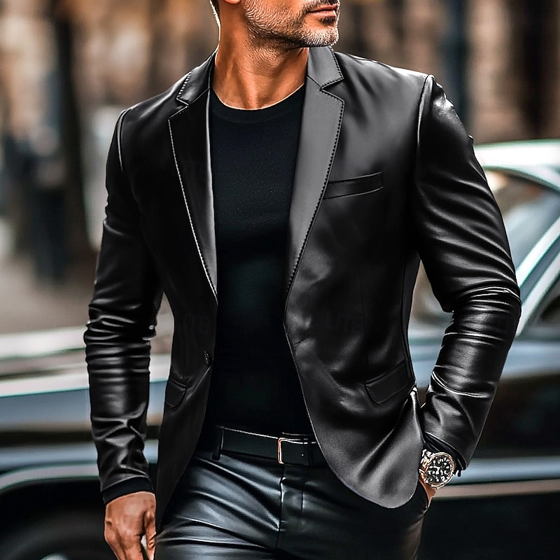 Men's Blazer Office Work Street Pocket Fashion Casual Spring &  Fall Polyurethane Polyester Plain Pocket Casual / Daily Single Breasted Blazer Black