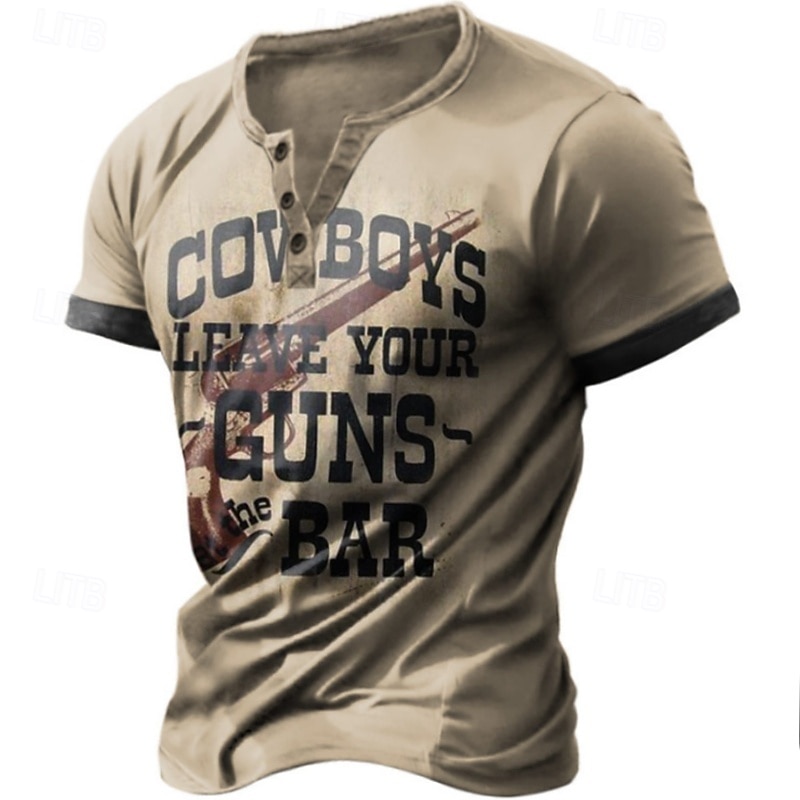 Men's Graphic Cow Boy T shirt Henley Shirt Short Sleeve Retro Vintage Street Casual Daily Summer Spring Khaki Henley Henley T-Shirt